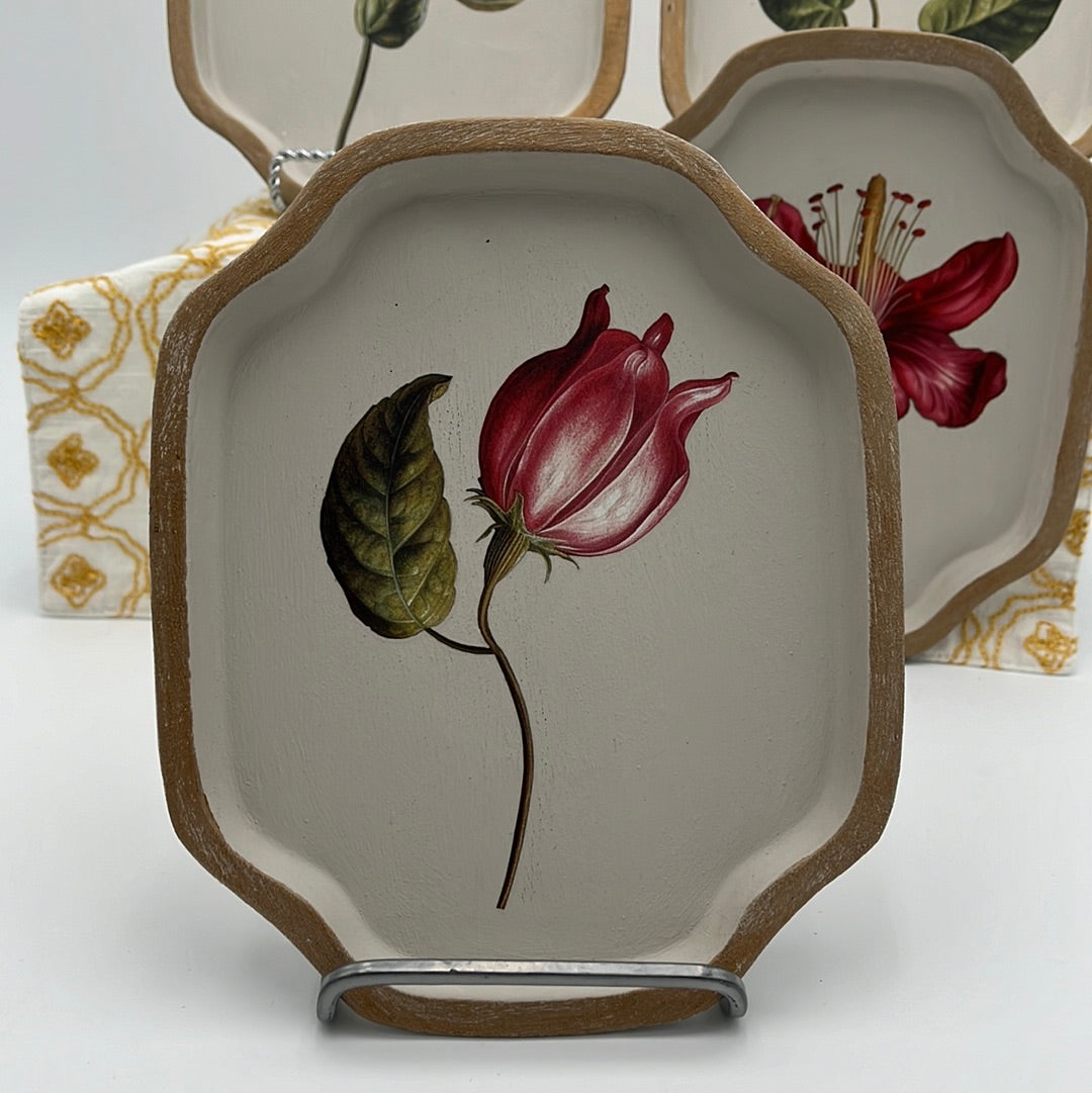 Set of 4 Small Trays w/Iron Orchid Design Flowers Cottage Style