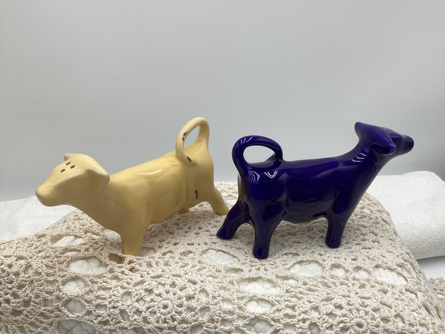 Vintage cow salt and pepper shakers, One Blue, One Yellow