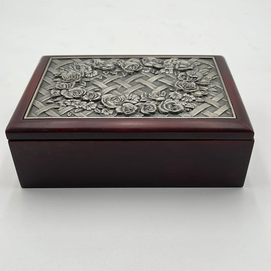 Vintage Rose Wood Jewelry Box with Metal Lid Roses and Lattice Design