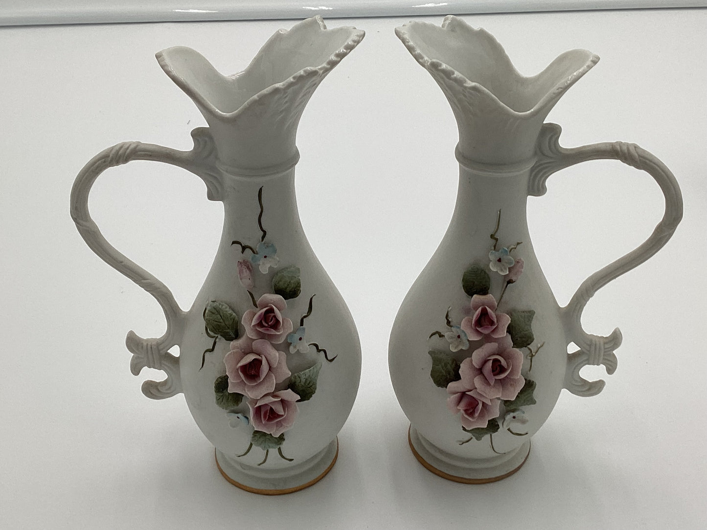 Rare Vintage Lefton Small Bud Vase with delicate raised Pink Roses and Light Blue flowers