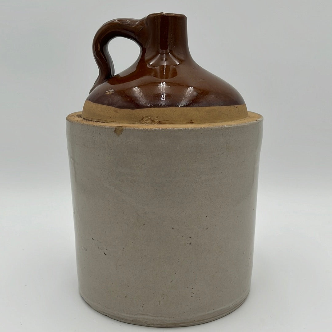 Antique Stoneware Jug Salt Glazed Two-Tone Brown Beige 10.5" x 7.25"D Handle