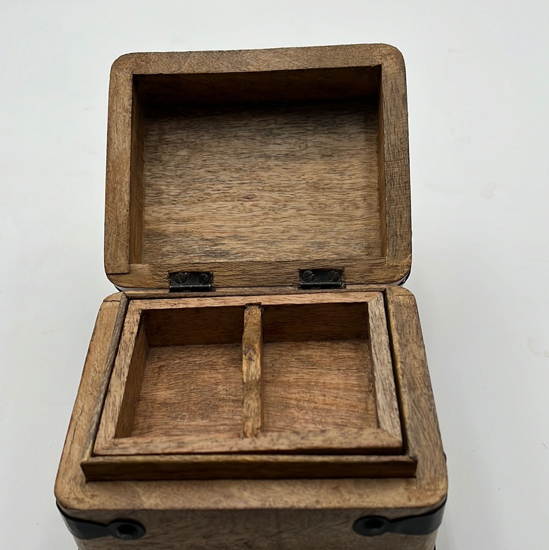 Beautiful Vintage Solid Wood Box with Metal Details and Wood Inserts