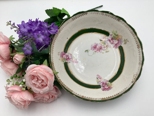 Vintage Porcelain Bowl, Green and Gold Trim, Pink and Blue Flowers, Embossed