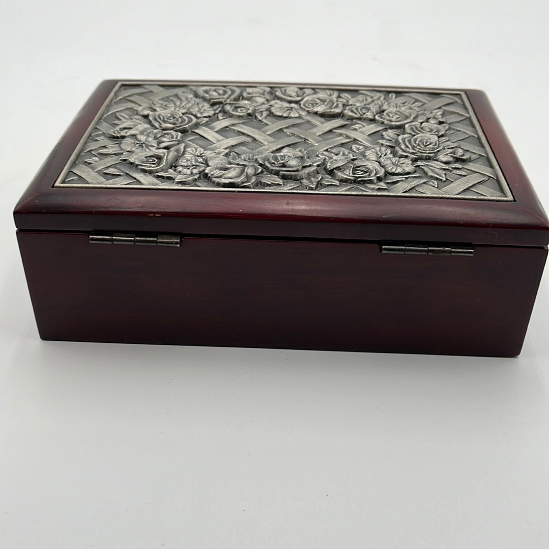 Vintage Rose Wood Jewelry Box with Metal Lid Roses and Lattice Design