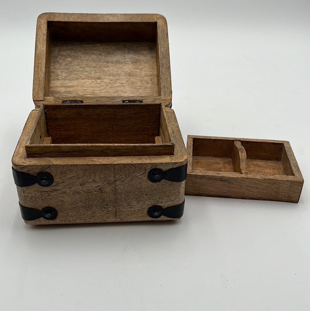 Beautiful Vintage Solid Wood Box with Metal Details and Wood Inserts