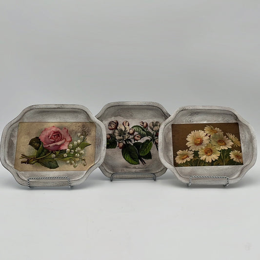 Set of 3 Small Decoupaged Trays w/Flowers Cottage Style Farmhouse