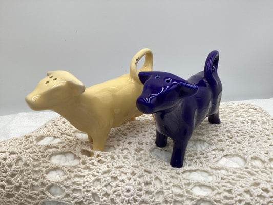 Vintage cow salt and pepper shakers, One Blue, One Yellow