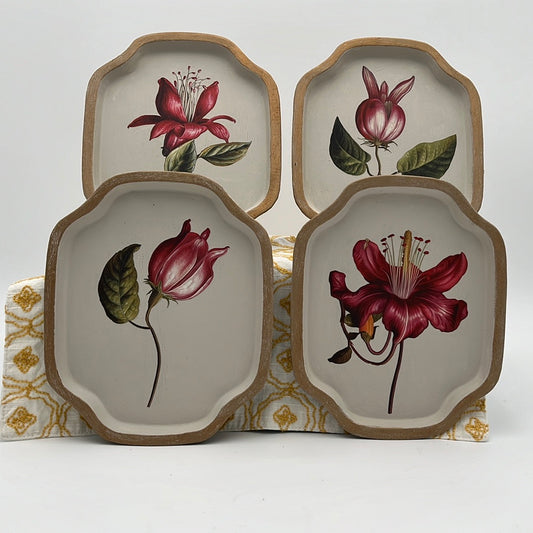 Set of 4 Small Trays w/Iron Orchid Design Flowers Cottage Style