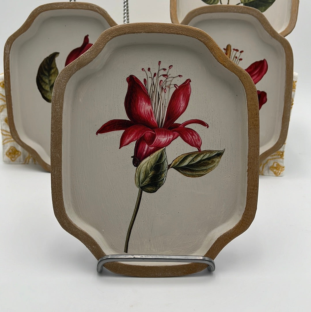 Set of 4 Small Trays w/Iron Orchid Design Flowers Cottage Style