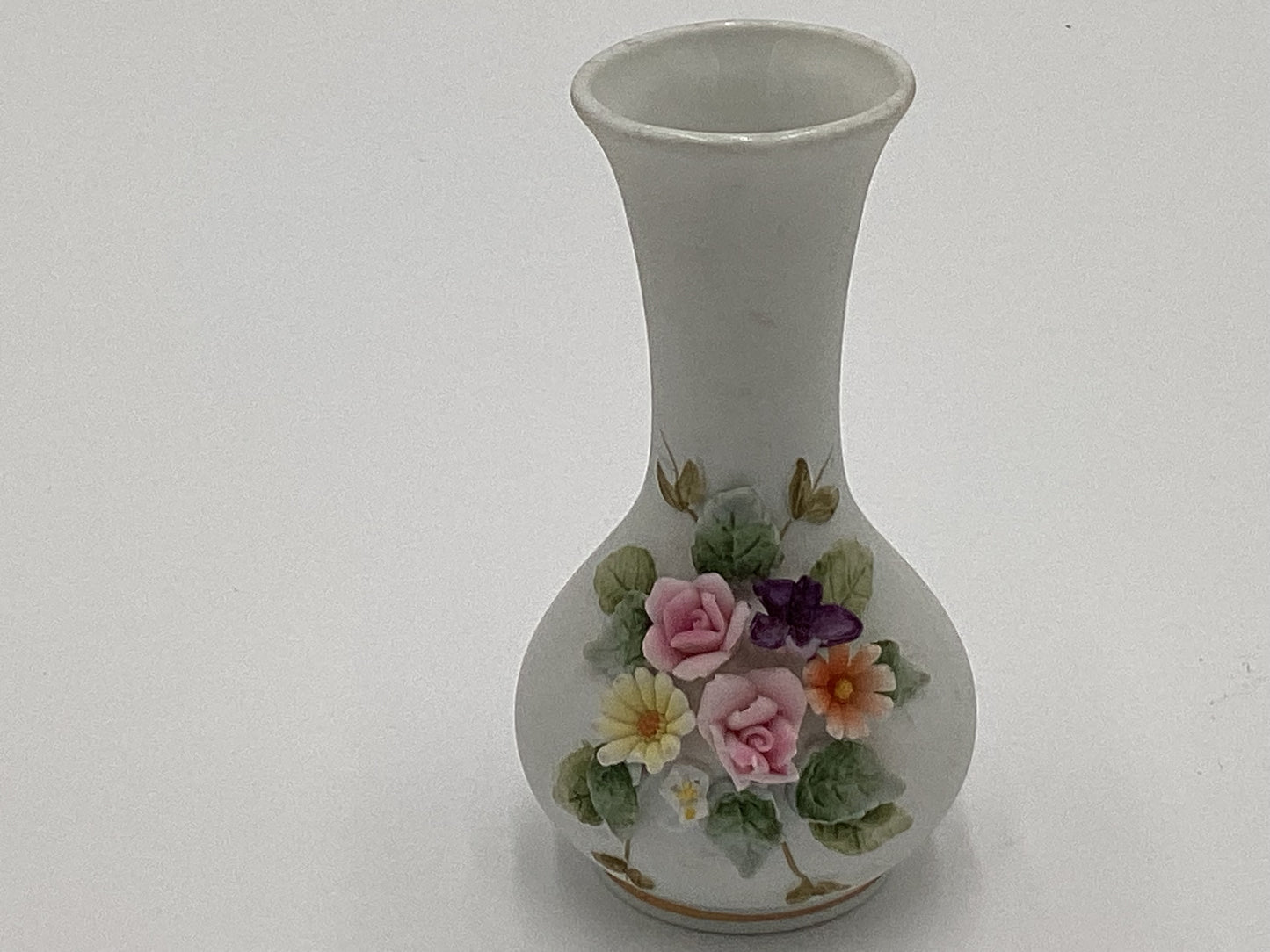 Rare Vintage Lefton Miniature Bisque Bud Vase with Applied Flowers