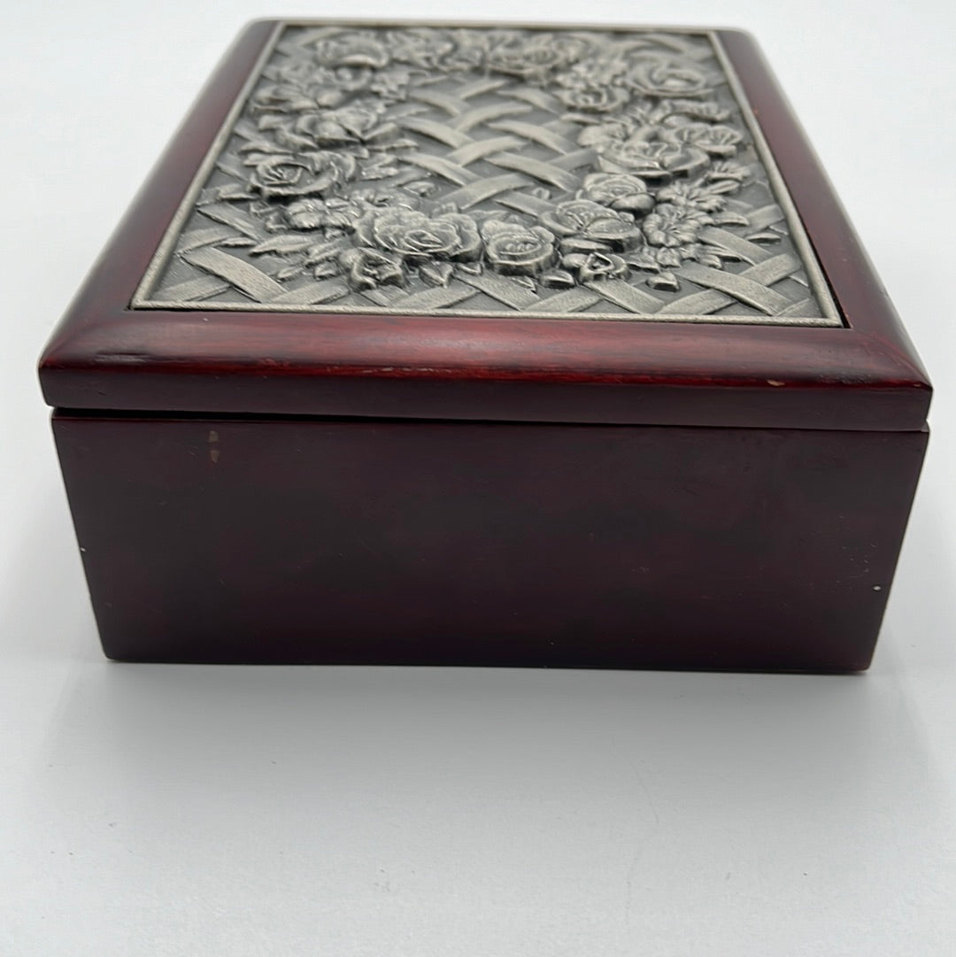 Vintage Rose Wood Jewelry Box with Metal Lid Roses and Lattice Design