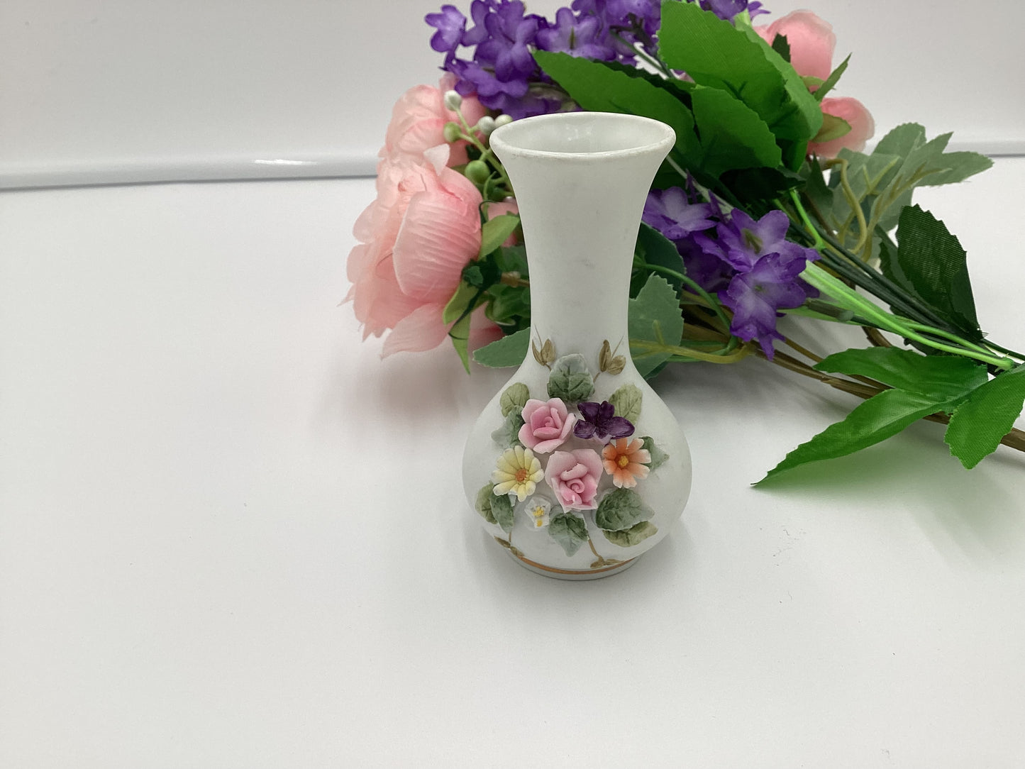 Rare Vintage Lefton Miniature Bisque Bud Vase with Applied Flowers