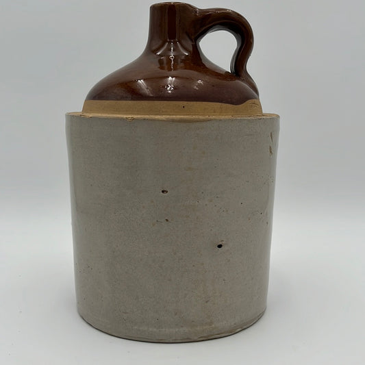 Antique Stoneware Jug Salt Glazed Two-Tone Brown Beige 10.5" x 7.25"D Handle