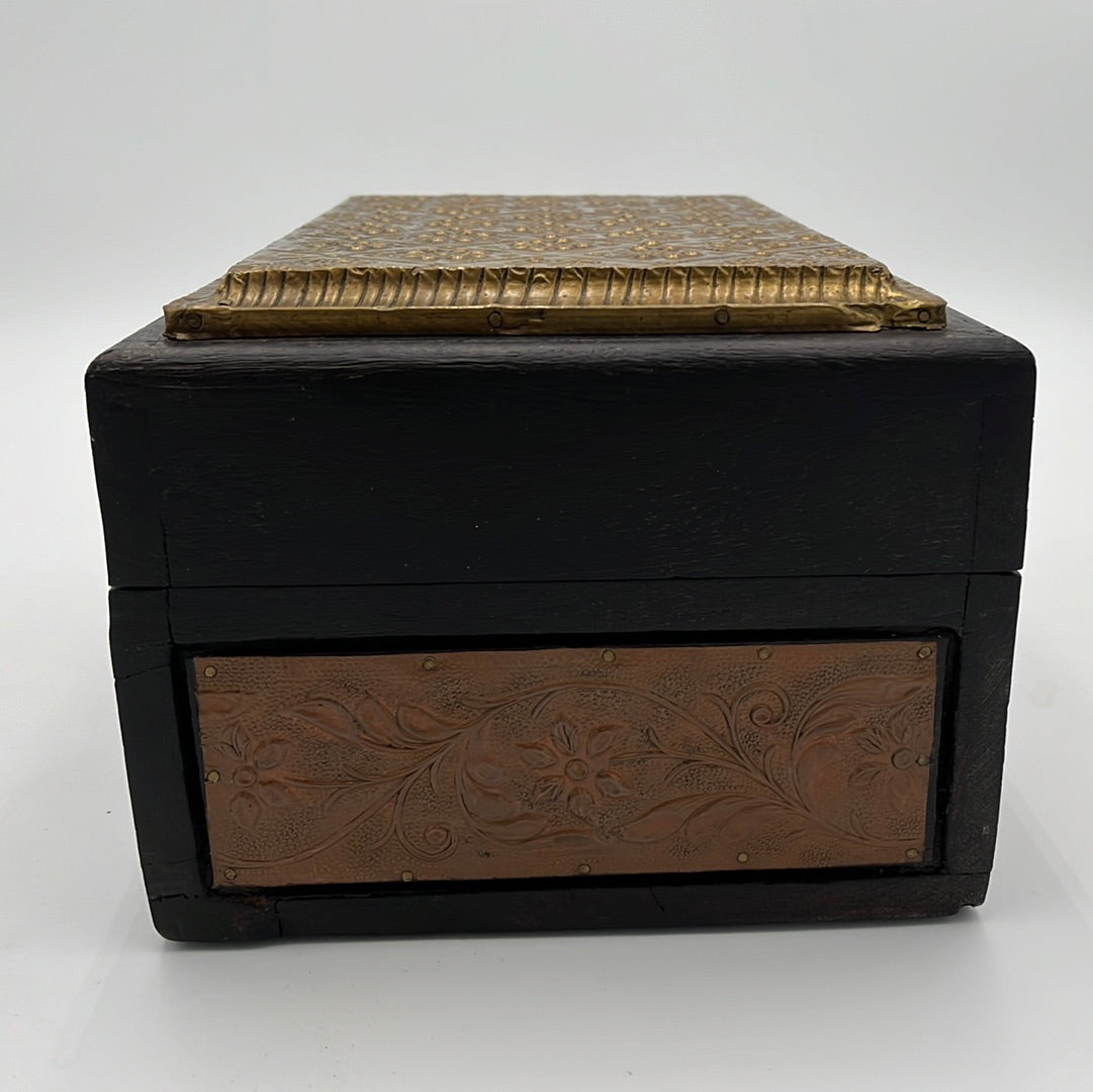 Vintage Wooden Box with Brass Plated Relief