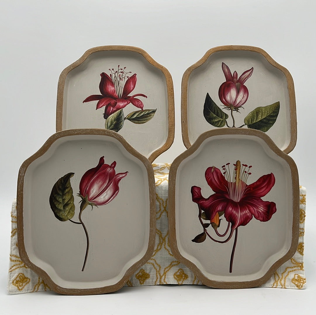 Set of 4 Small Trays w/Iron Orchid Design Flowers Cottage Style