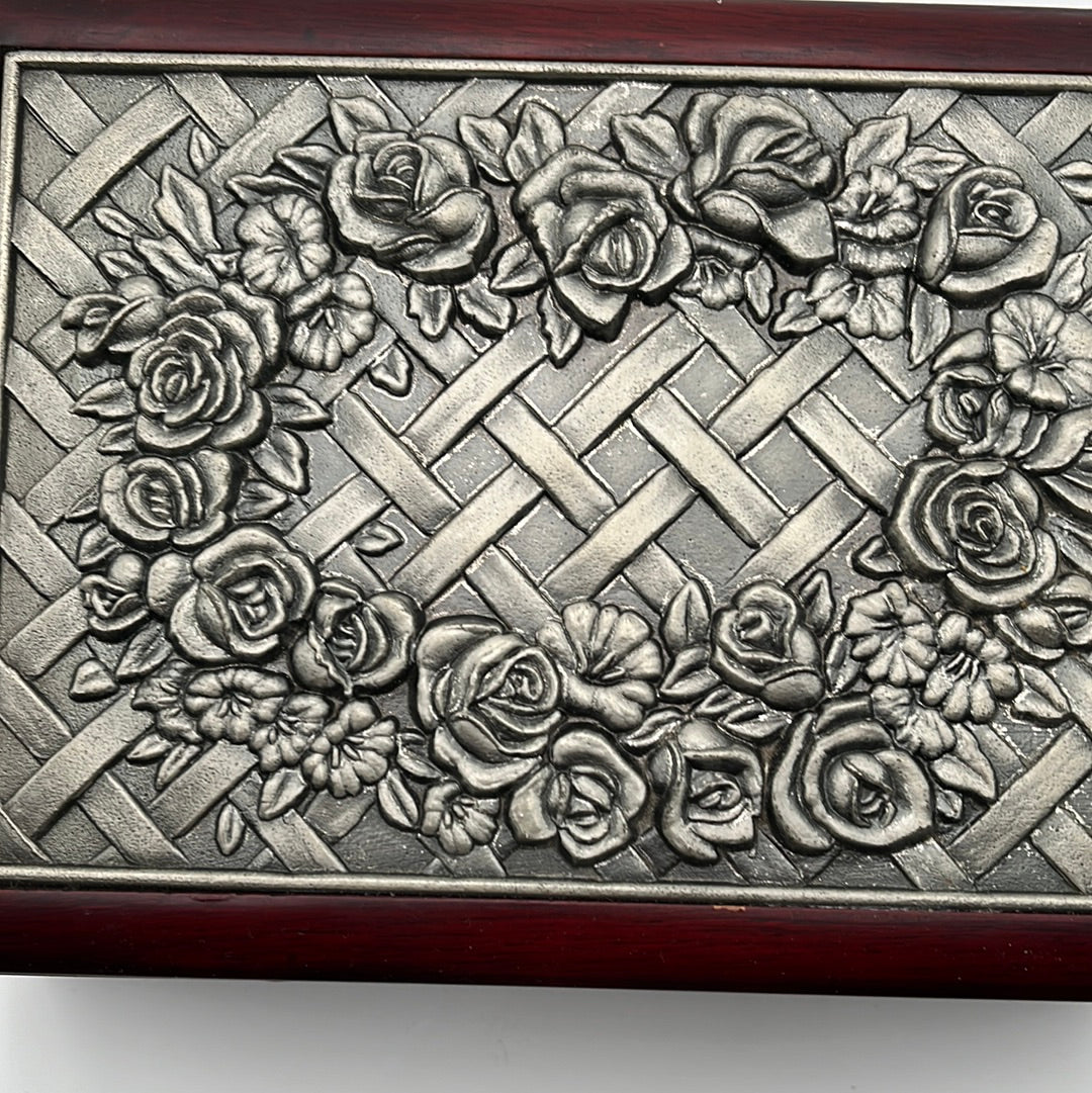 Vintage Rose Wood Jewelry Box with Metal Lid Roses and Lattice Design