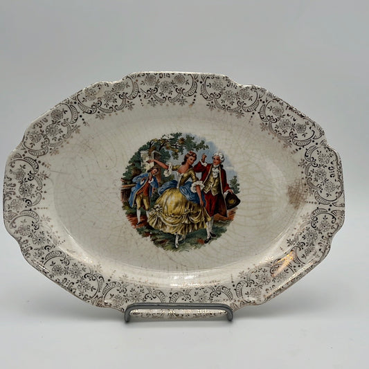 Antique Vintage 11" Oval Platter by Pope-Gosser China Victorian Scene Warranted 22k Gold Detailing Trim