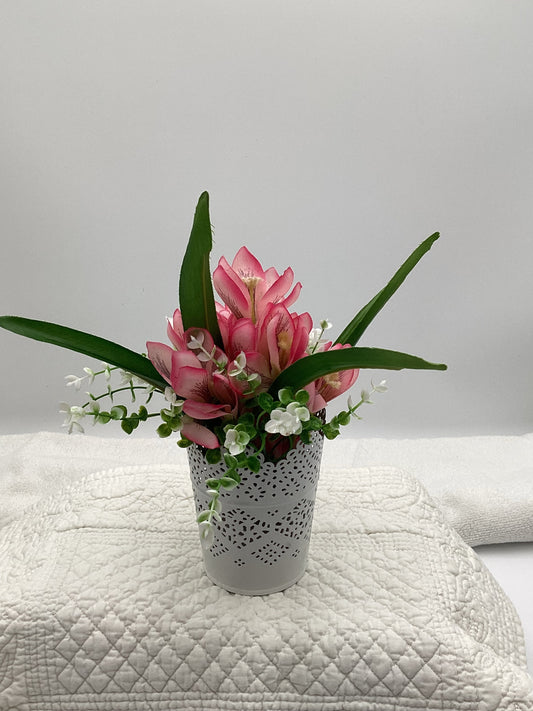 Spring Silk Flower Arrangement in Dainty Tin