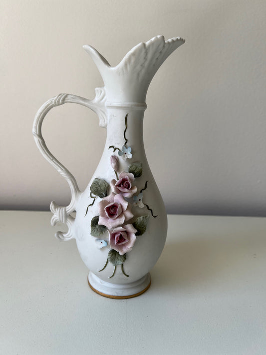 Rare Vintage Lefton Small Bud Vase with delicate raised Pink Roses and Light Blue flowers