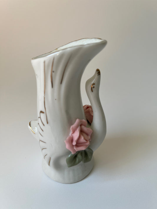 Rare 1950s Vintage Ceramic Swan Shaped Mini Bud Vase with Pink Roses & Gold Trim