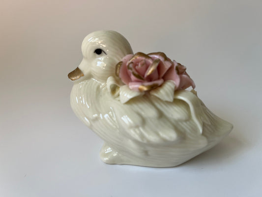 Rare Vintage Small Duck with Pink Raised Flower & Bow Gold Brushed
