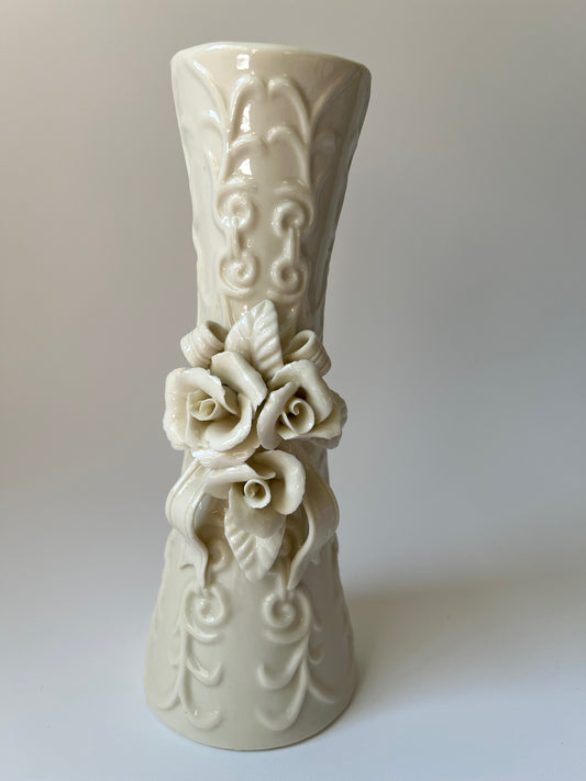 Rare Vintage K's Collection Porcelain Ivory Vase with Raised Roses and Bows
