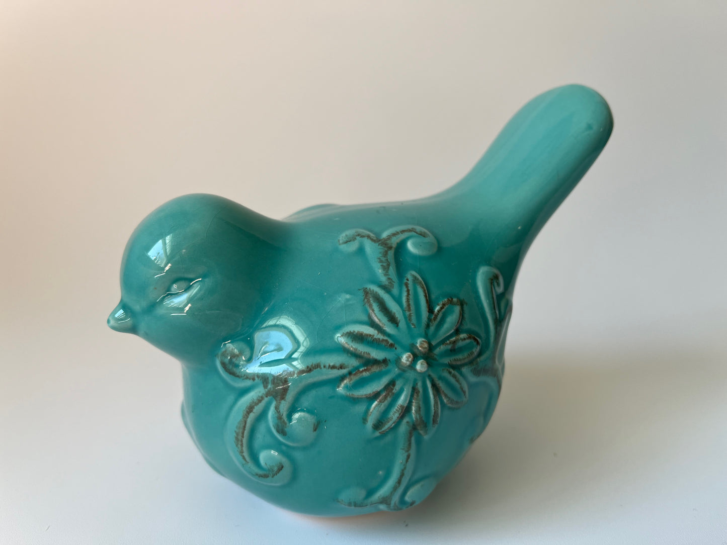 Vintage Blue-Green  Turquoise Glazed Garden Bird Statue 9" x 7 1/2 "