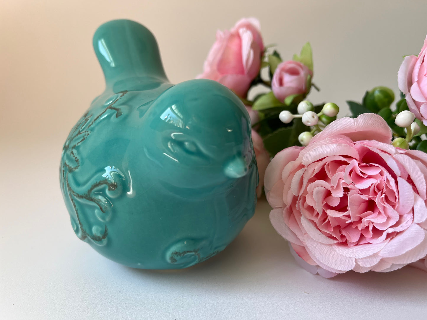 Vintage Blue-Green  Turquoise Glazed Garden Bird Statue 9" x 7 1/2 "