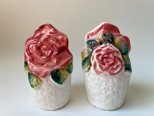Rare Vintage Hand Made Hand Painted Ceramic Red & Pink Rose Salt & Pepper Shakers