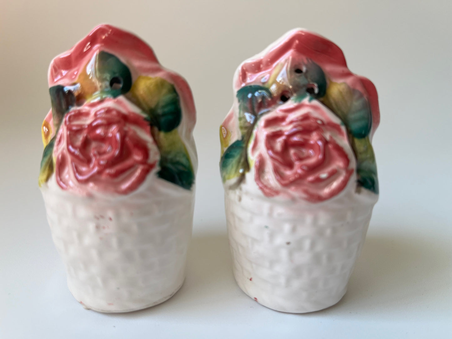 Rare Vintage Hand Made Hand Painted Ceramic Red & Pink Rose Salt & Pepper Shakers