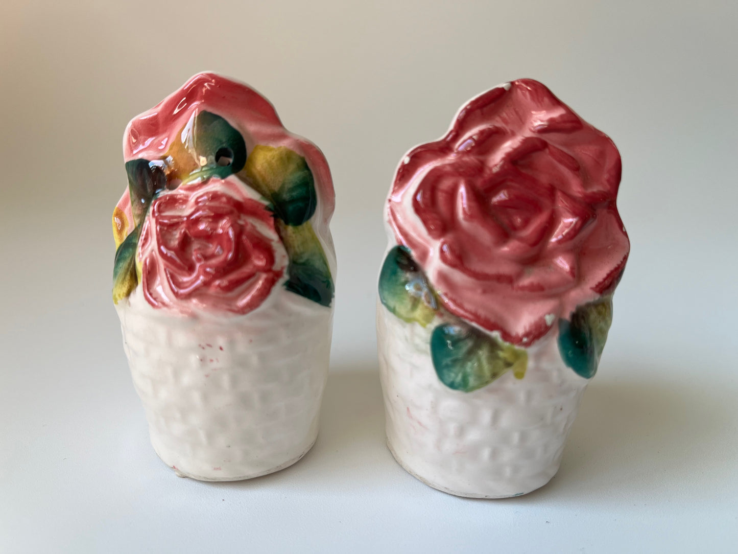 Rare Vintage Hand Made Hand Painted Ceramic Red & Pink Rose Salt & Pepper Shakers