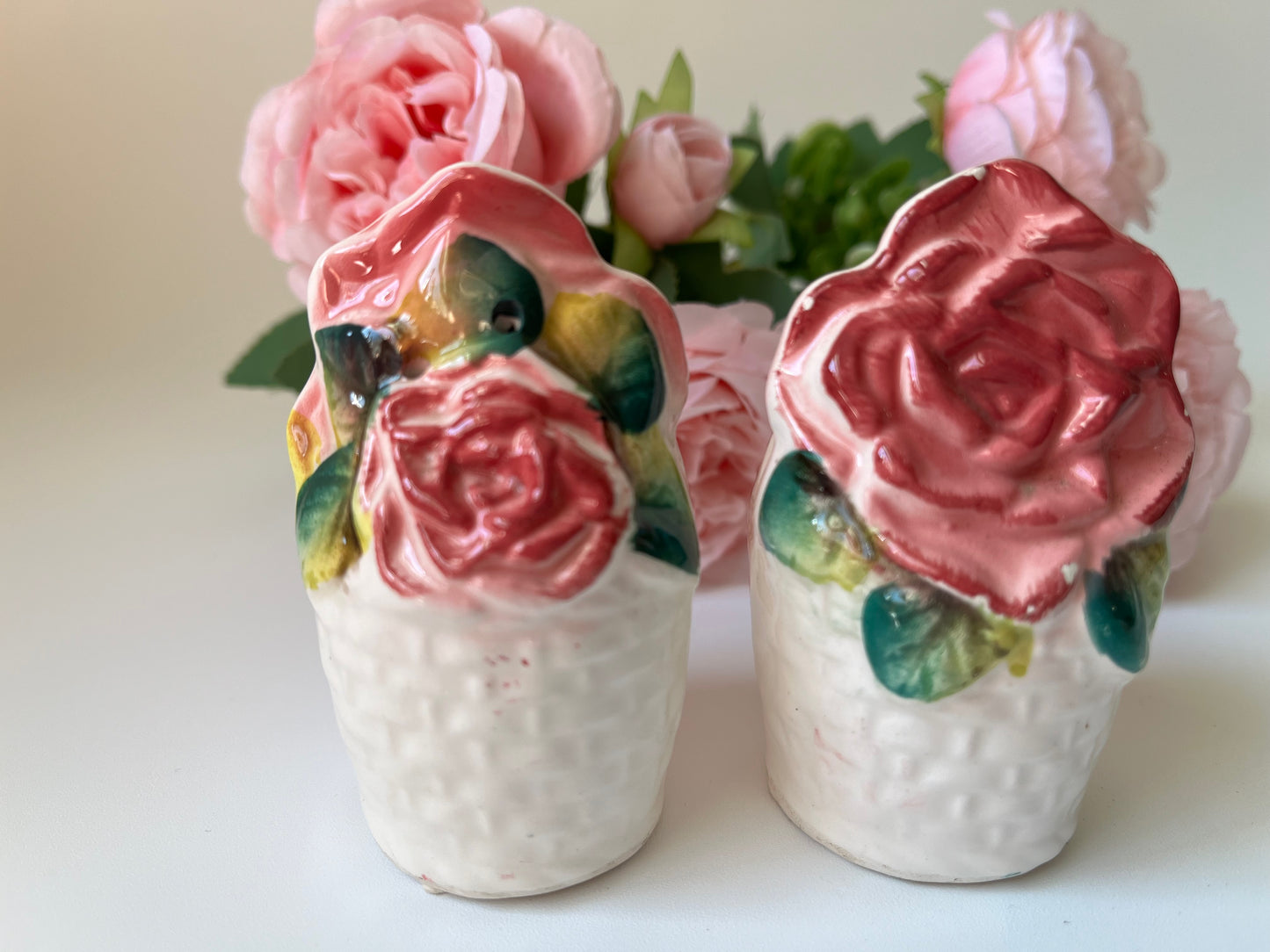 Rare Vintage Hand Made Hand Painted Ceramic Red & Pink Rose Salt & Pepper Shakers